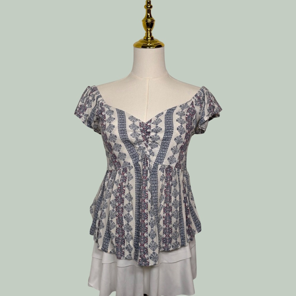 japna white blue red babydoll blouse top geometric boho coquette dainty coquette